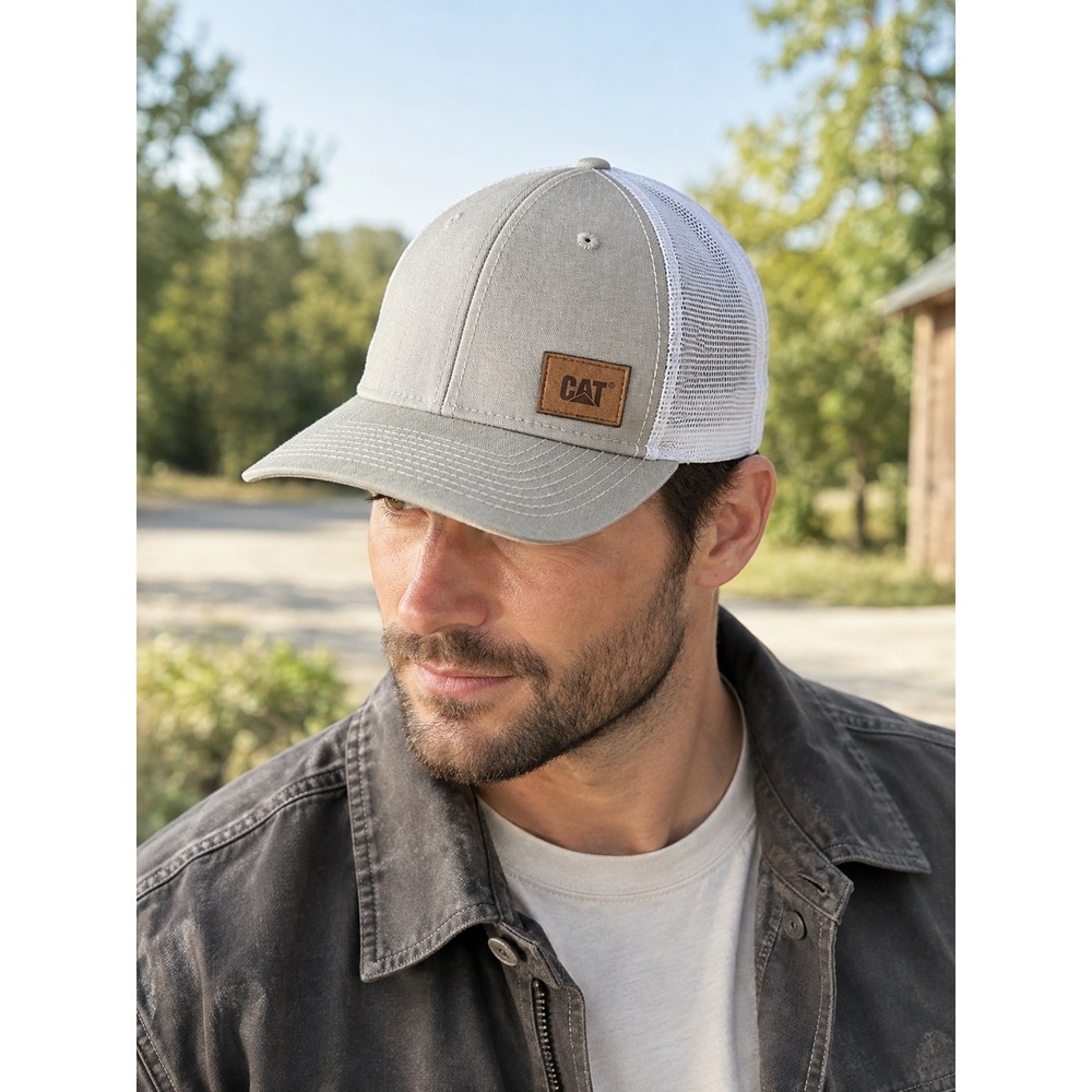 CAT Trucker Hat Mens Gray White Mesh Adjustable Cap Logo Patch